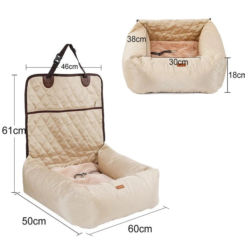 Folding pet carrier with black 900D nylon exterior and waterproof base for car seats