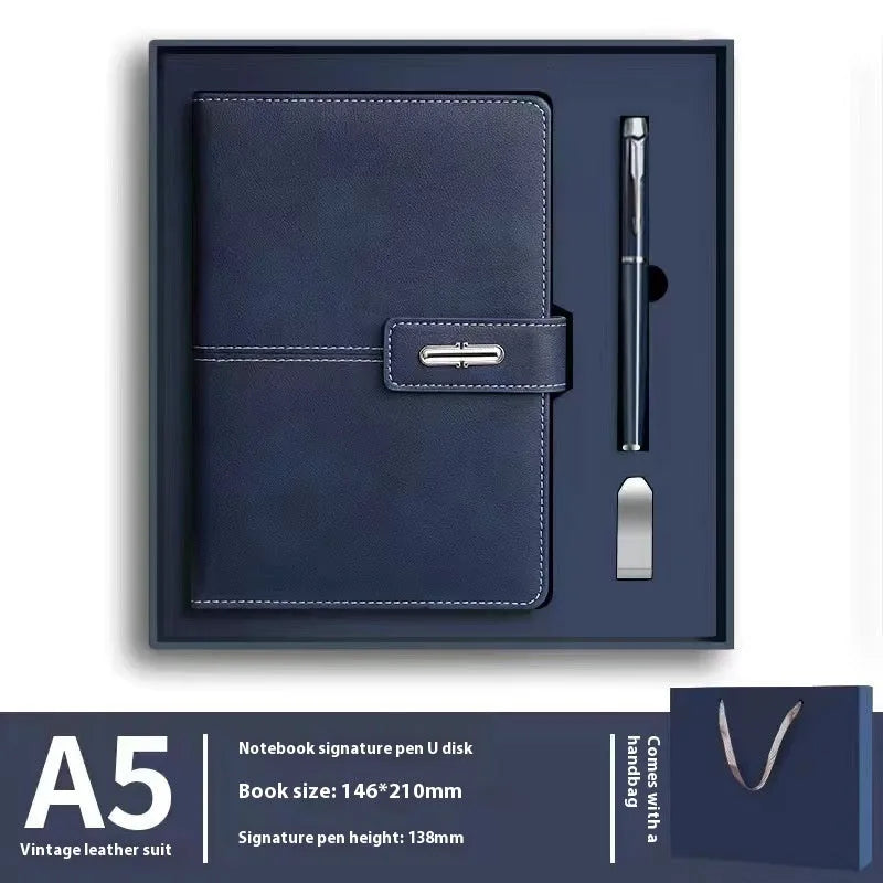 A5 notebook with imitation leather cover in a choice of colours including black, red, green, blue, and orange.