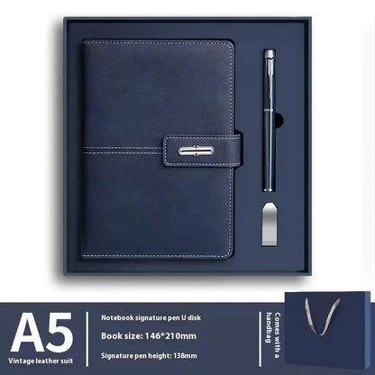 A5 notebook with imitation leather cover in a choice of colours including black, red, green, blue, and orange.