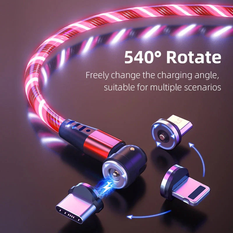 540 Rotate Luminous Magnetic Cable with LED flowing light design for fast charging
