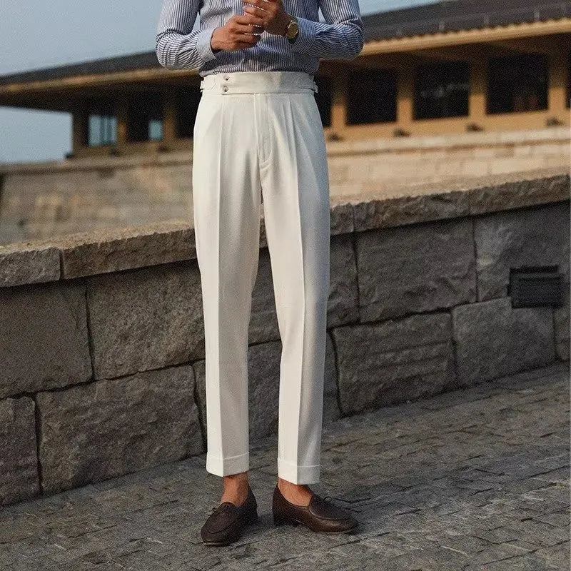 Slim fit straight-leg suit pants in black, white, or apricot for business formal wear, sizes 28-38