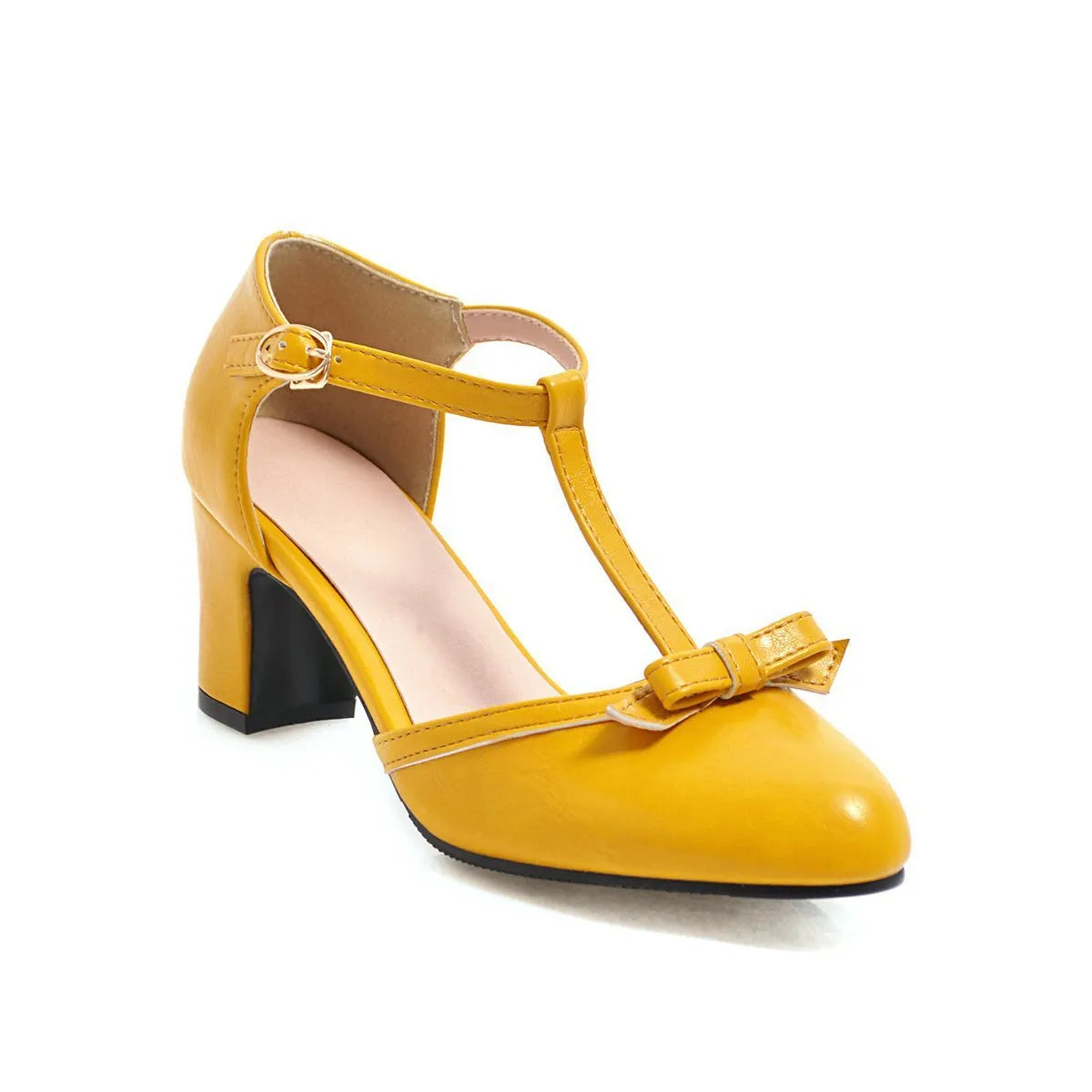 Women's chunky heel sandals with bow detail and adjustable buckle strap in solid colour