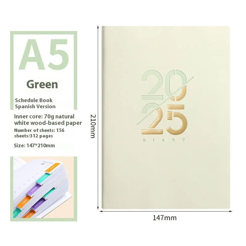 A5 daily planner with faux leather cover in blue, showing open pages and bound spine.