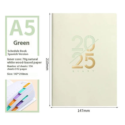 A5 daily planner with faux leather cover in blue, showing open pages and bound spine.