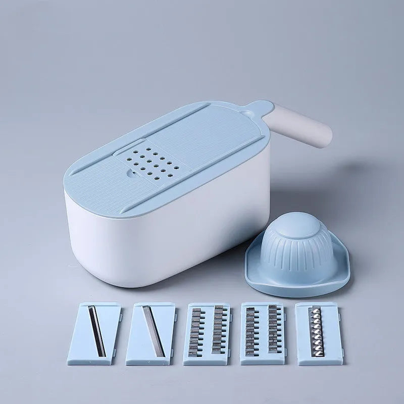 Nordic style kitchen vegetable slicer in blue, grey, or khaki colours with stainless steel cutting components