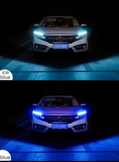 Car LED daytime running light strip with flowing turn signal function in silicone housing