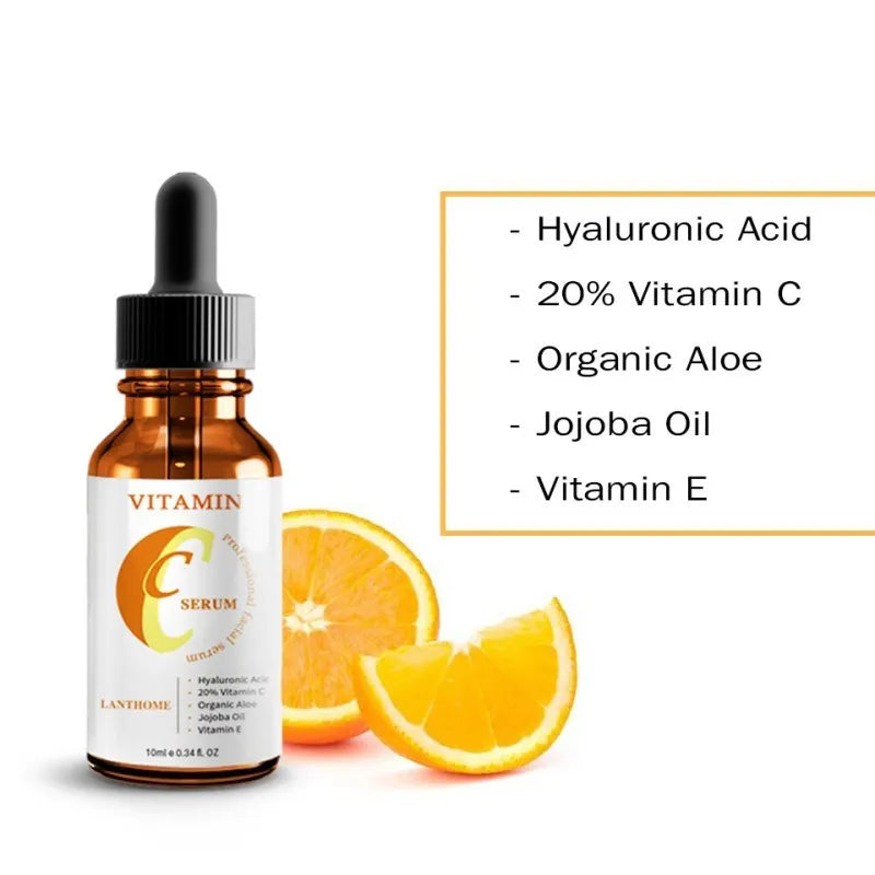 10ml bottle of Vitamin C Hyaluronic Acid facial serum for anti-aging and brightening.