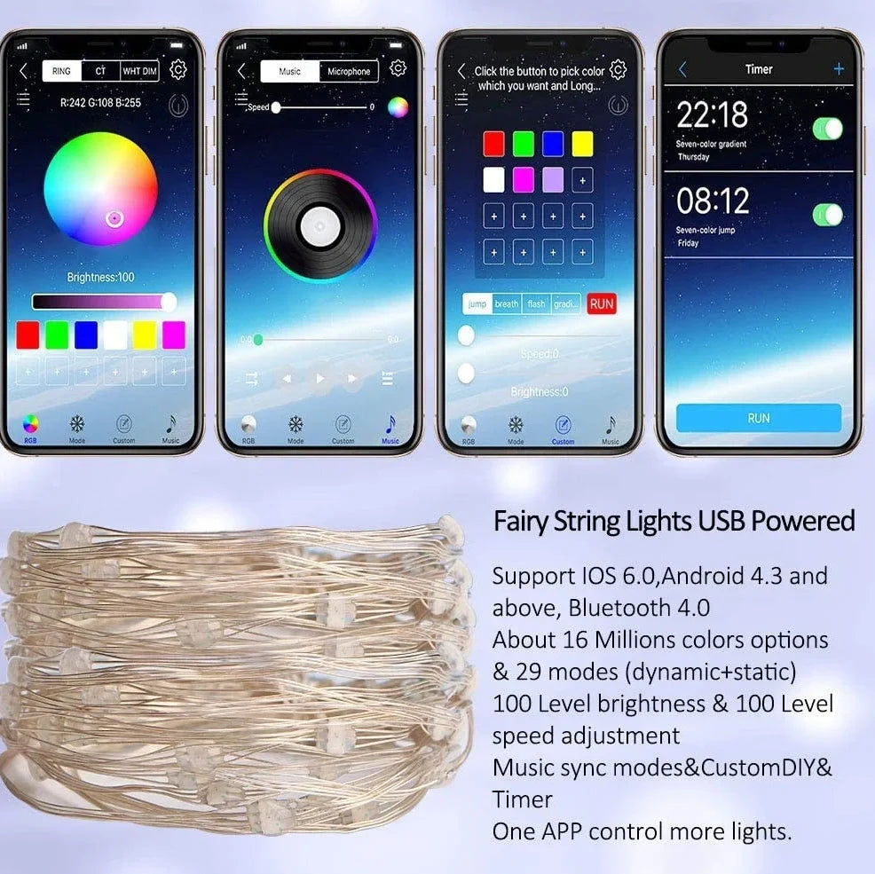 10-metre Bluetooth Christmas tree lights with remote control showing IP65 weather protection rating