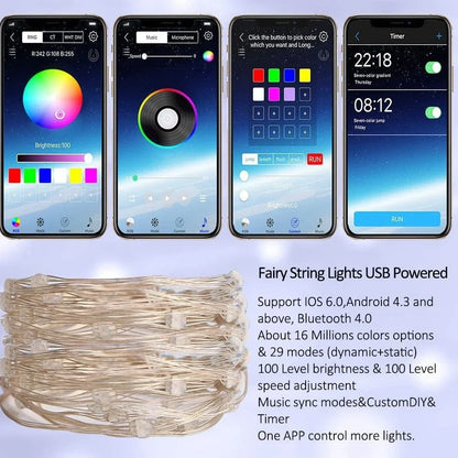 10-metre Bluetooth Christmas tree lights with remote control showing IP65 weather protection rating