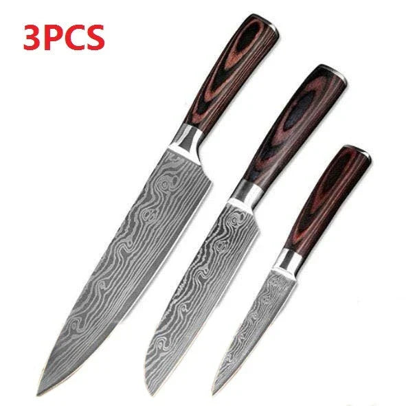 Premium 8-Piece Stainless Steel Chef Knife Set with Elegant Damascus Pattern Blades and Ergonomic Handles