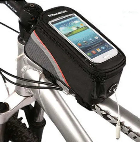 ROSWHEEL bicycle frame bag in black showing mounting on bike frame with iPhone inside