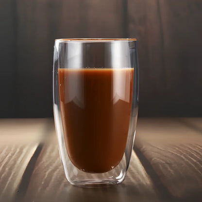 Clear double-layer glass coffee cup with Chinese-style design showing insulating air gap between walls