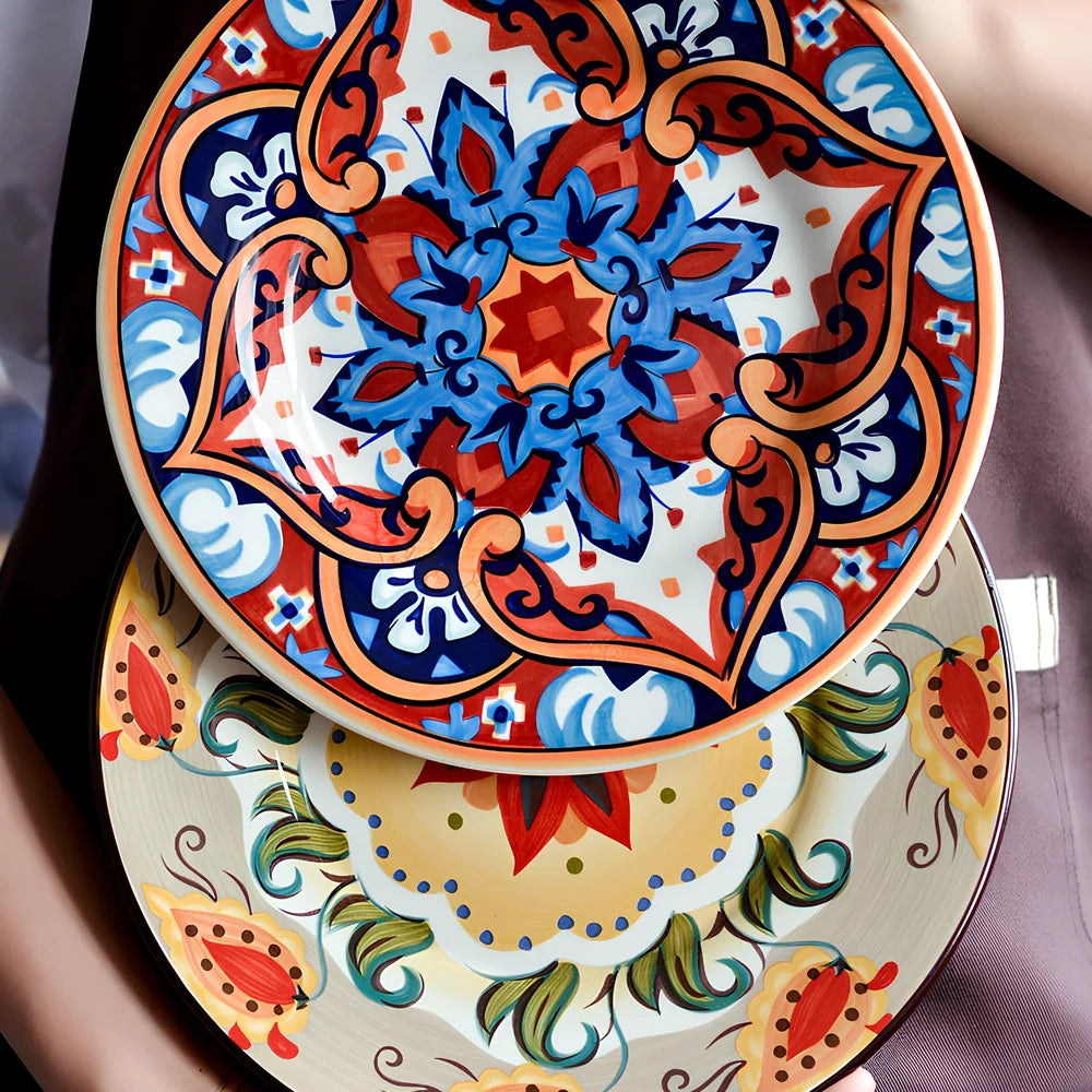 Underglaze ceramic bowl with Bohemian floral pattern in blue mandarin duck design, 8 inch diameter