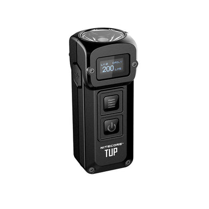 Rugged metal keychain flashlight with bright CREE LED light, OLED display, and durable construction