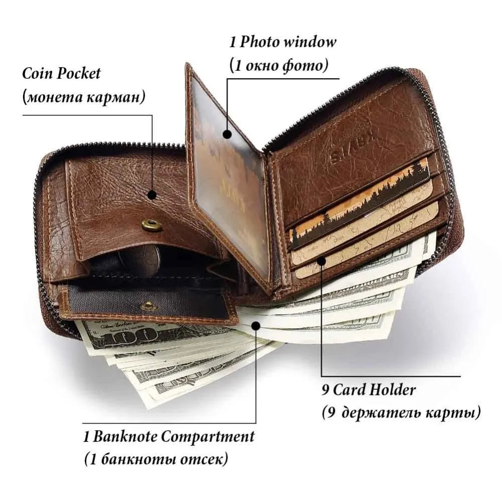 Men's coffee-colour genuine leather wallet with vintage locomotives pattern and multiple internal compartments