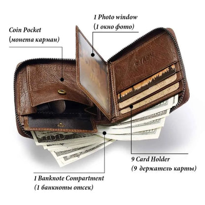 Men's coffee-colour genuine leather wallet with vintage locomotives pattern and multiple internal compartments