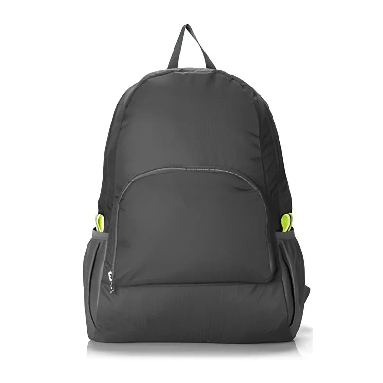 Yellow foldable sports backpack showing 30.5x42cm dimensions and compression feature