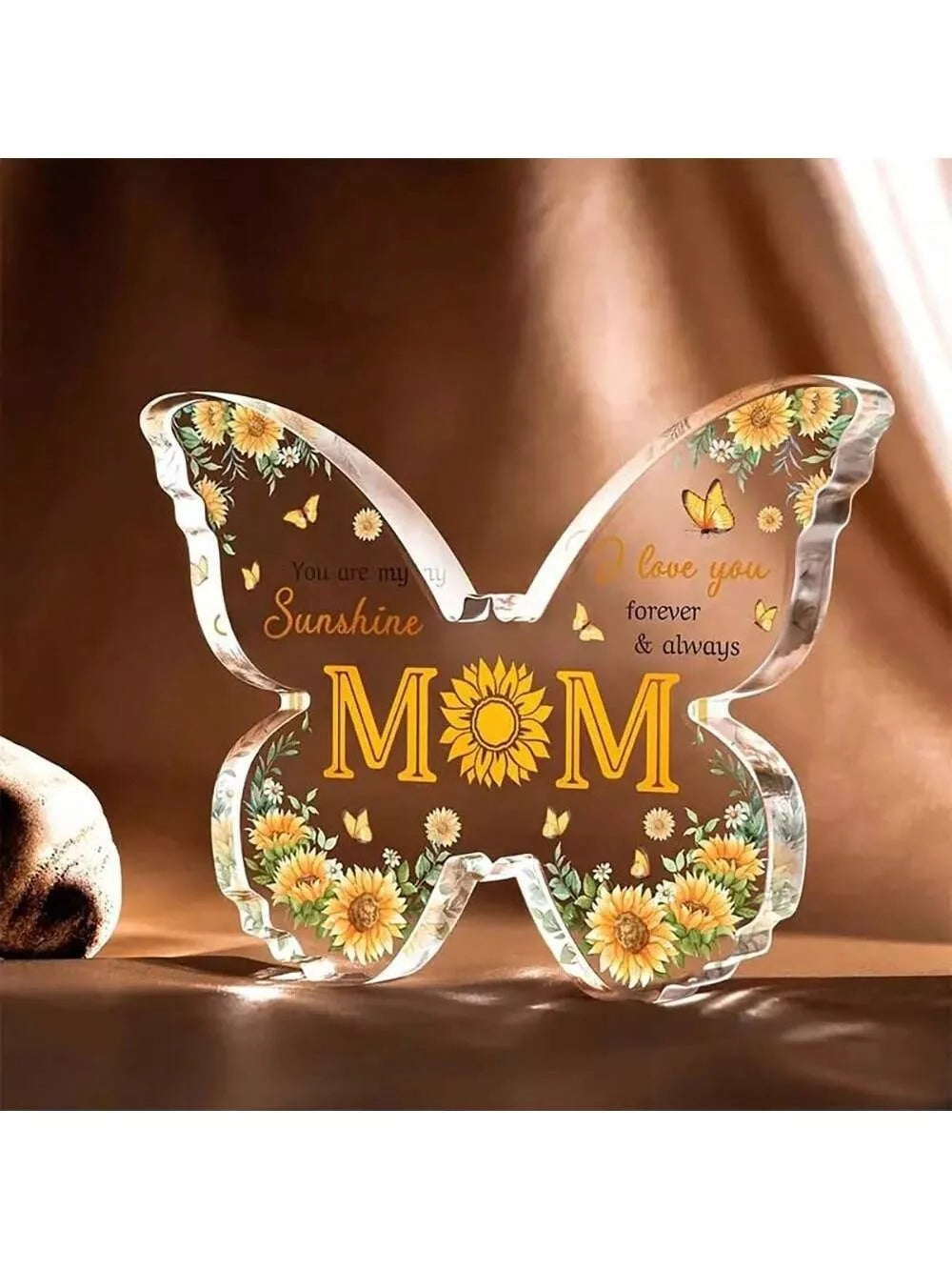 Butterfly-shaped acrylic keepsake with purple wing patterns and personalized message
