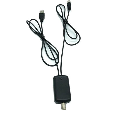 Low noise TV antenna amplifier with 75 ohm impedance and DVB frequency range, inline signal booster for HDTV aerial.