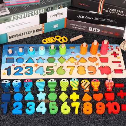 Colorful educational wooden toys for kids, featuring interactive games like math, counting, and shape matching to promote early childhood development