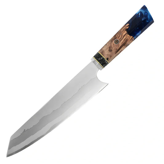 Stainless steel chef knife with 20cm blade and resin handle featuring turquoise stone inlays