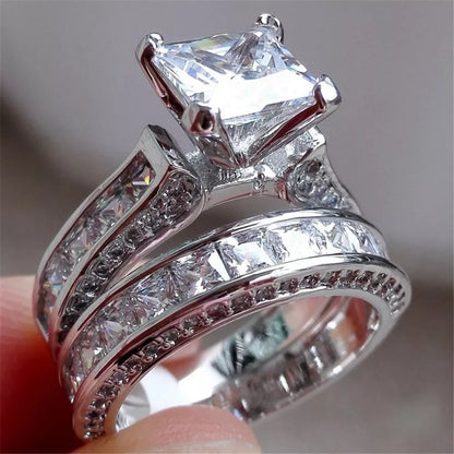 Silver princess cut CZ couple rings for anniversaries and weddings, sizes 5-12
