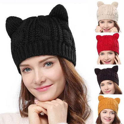 Handmade 3D cat ear knitted beanie in multiple colours showing 25cm width and 22cm height dimensions