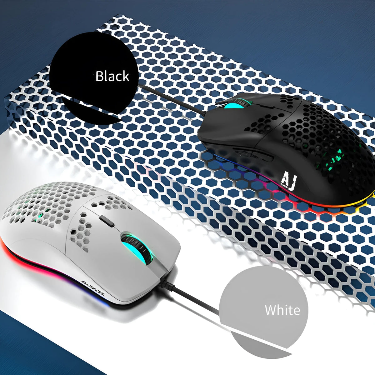 Lightweight white wired gaming mouse with hollow shell and 7 buttons, model AJ390
