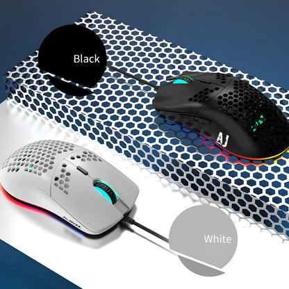 Lightweight white wired gaming mouse with hollow shell and 7 buttons, model AJ390