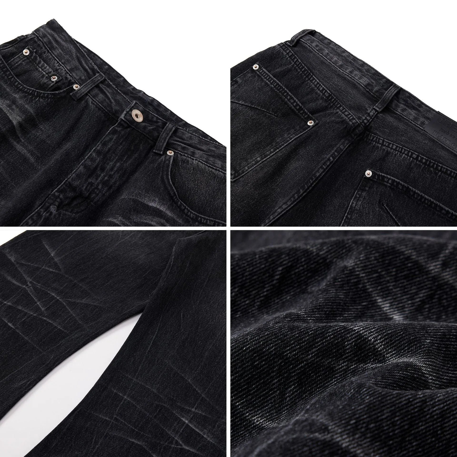 Black men's straight-leg jeans with an American washed old lightning crack distressed pattern.