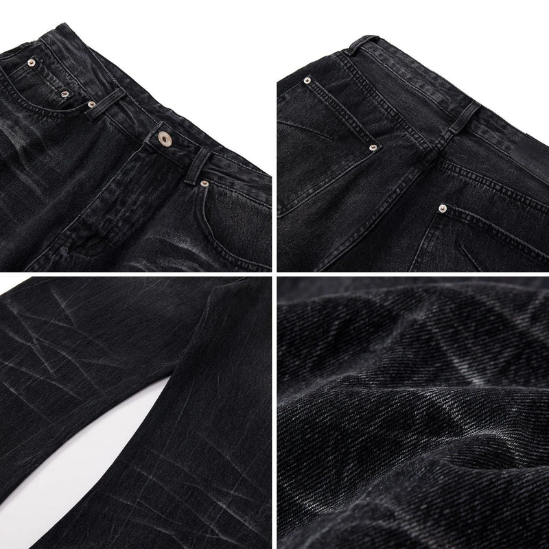 American Washed Old Lightning Crack Jeans - Black Straight-Leg Street Jeans for Men in Cotton Denim - Available in Sizes S, M, L, XL, XXL