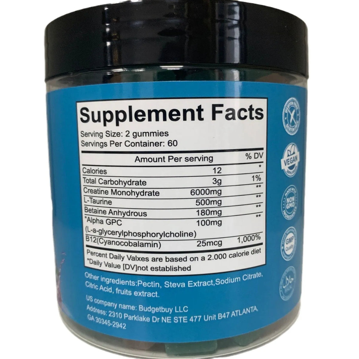 Bottle of raspberry-flavoured creatine monohydrate gummies containing 120 tablets