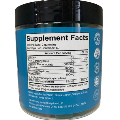 Bottle of raspberry-flavoured creatine monohydrate gummies containing 120 tablets