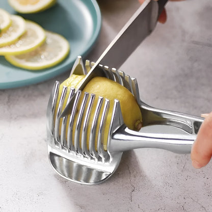 Silver plastic folding lemon slicer kitchen tool for fruit and vegetable preparation