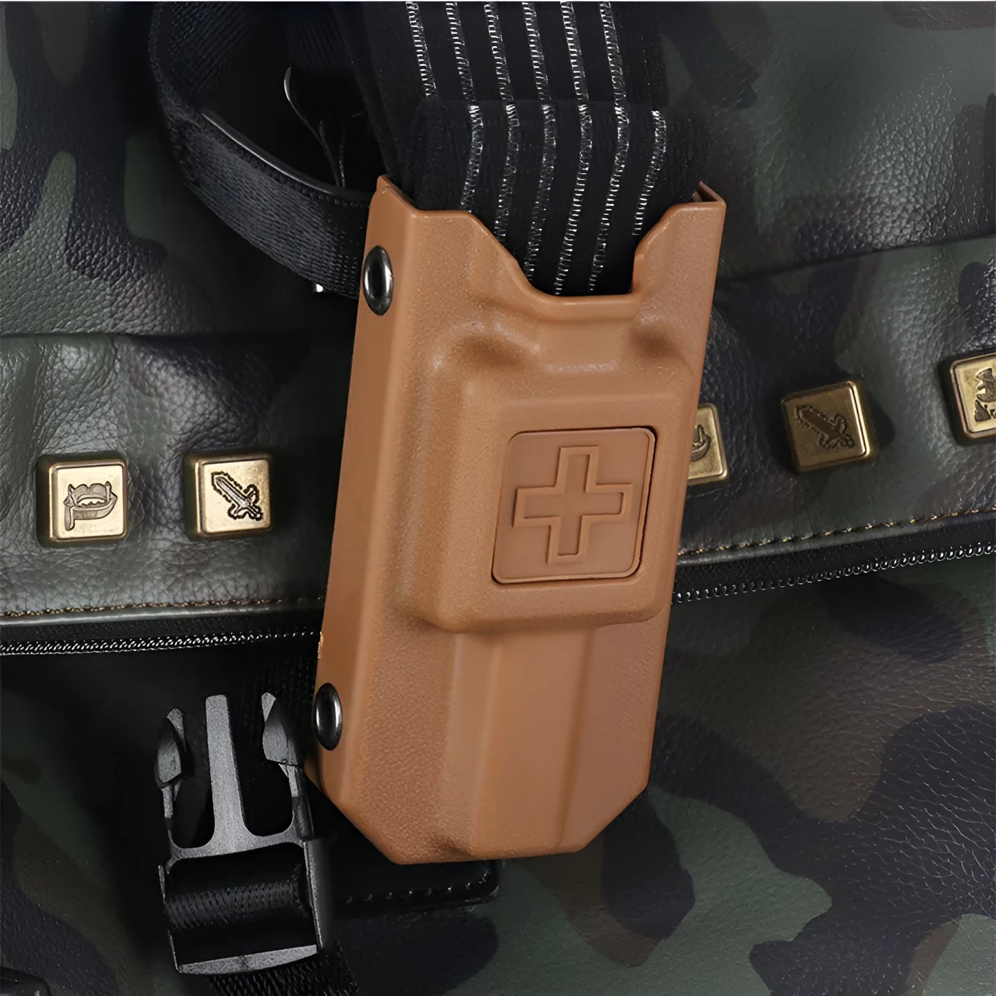 Plastic tourniquet and storage box for first aid kits in army green, black, sand, or gray green.