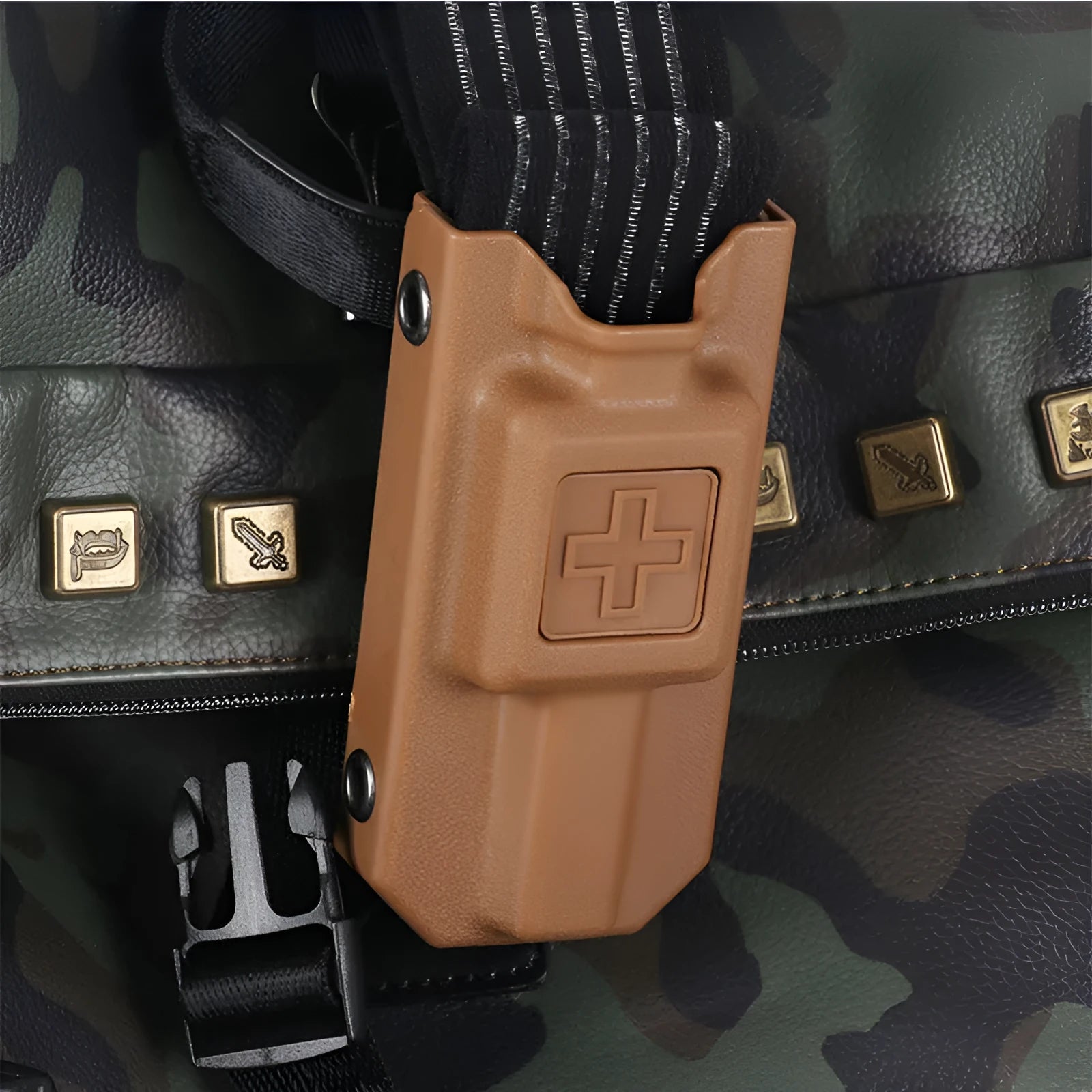Plastic tourniquet and storage box for first aid kits in army green, black, sand, or gray green.