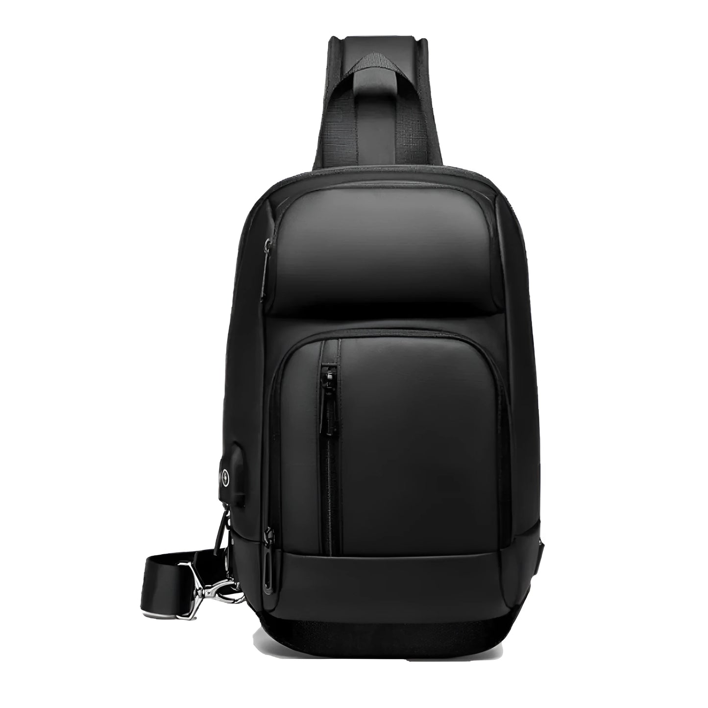 Black outdoor leisure shoulder bag with air cushion strap and multiple internal compartments