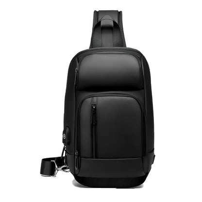Black outdoor leisure shoulder bag with air cushion strap and multiple internal compartments