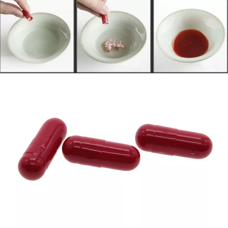 Fake blood pills for theatrical and Halloween effects, creating realistic blood with a simple bite