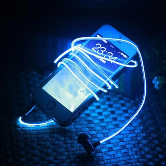 Blue Magic Light LED earphones with aluminium alloy shells and glowing EL lights, connected to a 3.5mm plug