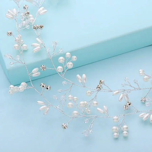 Bride's long hair band with crystal pearls in silver colour option showing 100cm length