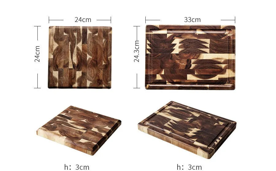 Brown solid acacia wood cutting board with 3cm thick edge, shown in large and small size options.