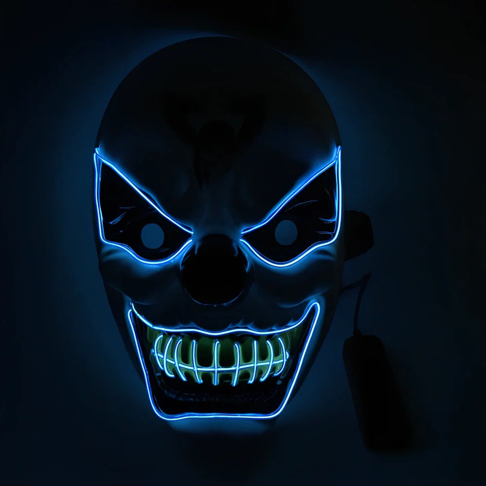 Halloween LED mask with voice control and multiple flash modes measuring 22cm by 18cm