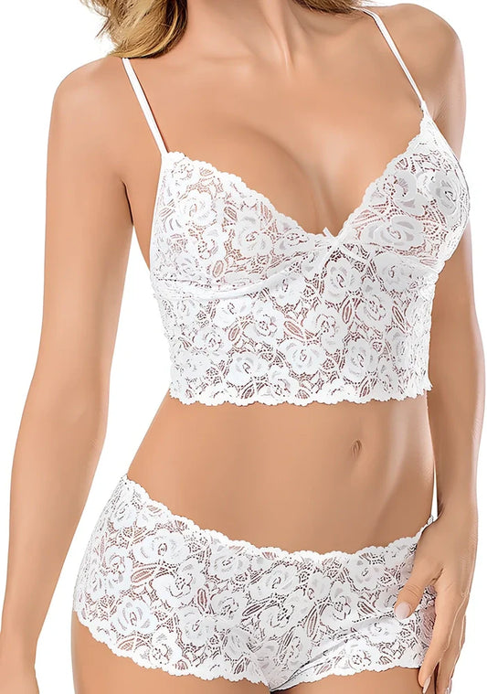 Women's lace lingerie with spandex stretch in white, red, black colours across eight sizes