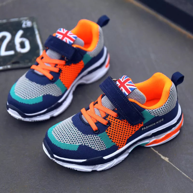 Kids' breathable mesh running shoes in pink, grey orange, and royal blue grey