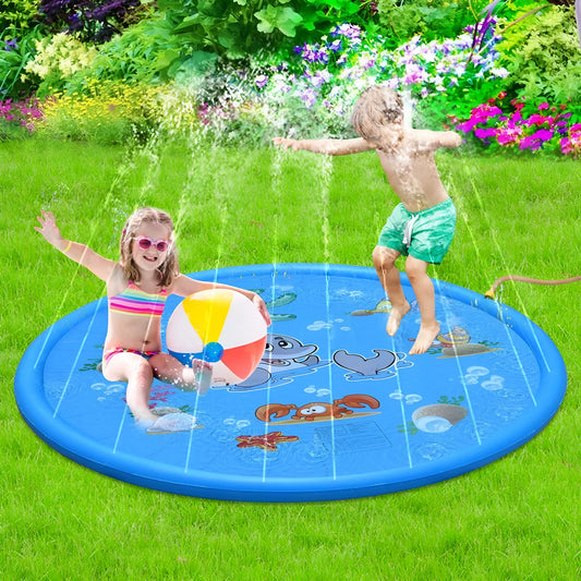 Blue PVC children's water spray play mat with marine animal designs for outdoor garden use