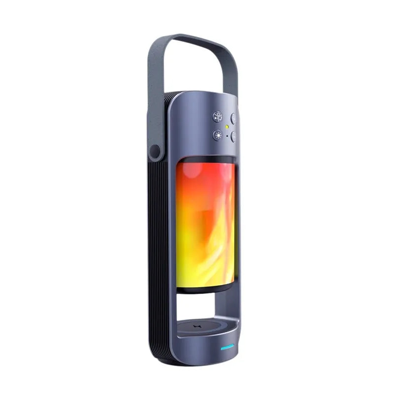 Blue portable Bluetooth speaker with dancing flame LED light and wireless charging pad