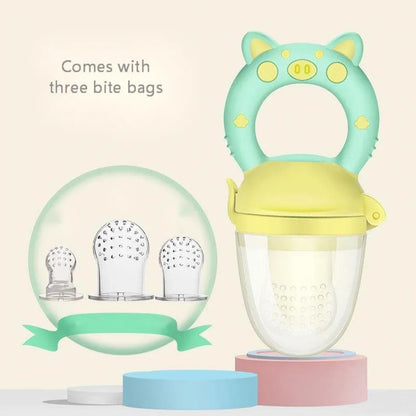 Blue, green, and pink silicone baby teethers with textured surfaces for chewing.