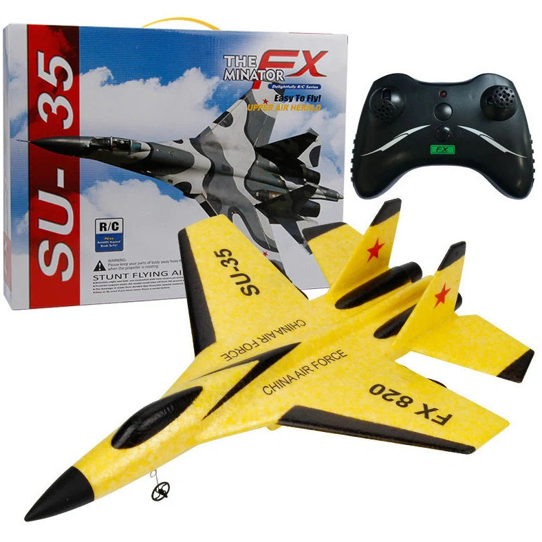 Blue fixed-wing educational toy aeroplane with 390mm length demonstrating flight with remote control
