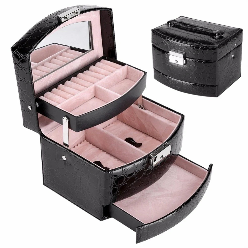 3-layer leather jewelry box with mirror for makeup and accessory organization